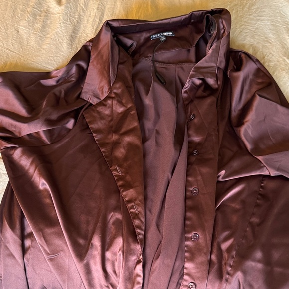 Fashion Nova Satin Button Down Shirt - Deep Brown - Picture 1 of 4